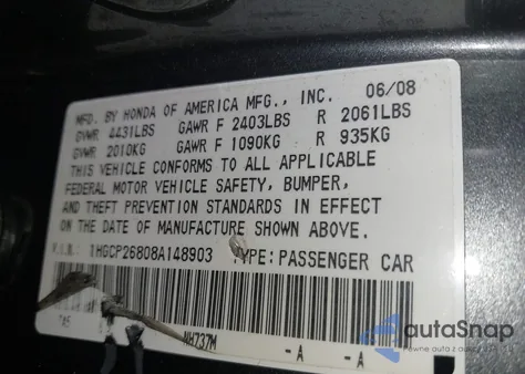 2008 Honda Accord 2.4 Ex-L z USA, uszkodzony, nr VIN 1HGCP26808A148903